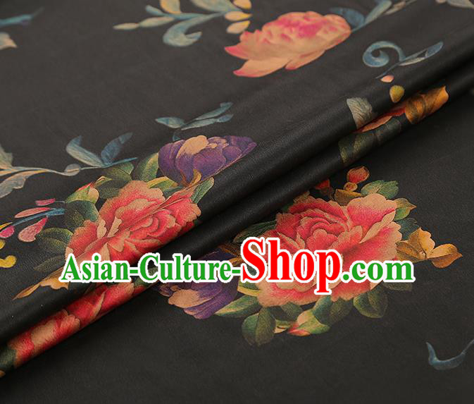 Asian China Classical Peony Pattern Black Silk Fabric Traditional Brocade Cheongsam Gambiered Guangdong Gauze