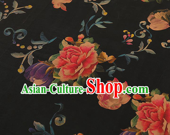 Asian China Classical Peony Pattern Black Silk Fabric Traditional Brocade Cheongsam Gambiered Guangdong Gauze