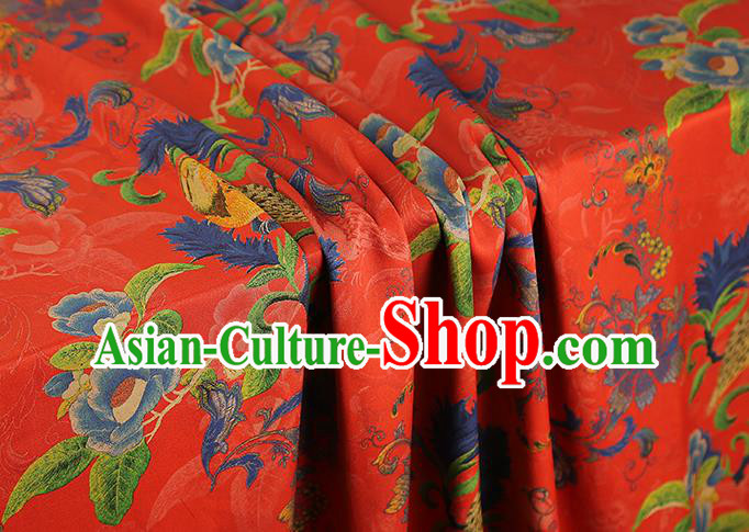 Asian China Classical Flowers Birds Pattern Red Silk Fabric Traditional Cheongsam Gambiered Guangdong Gauze Brocade