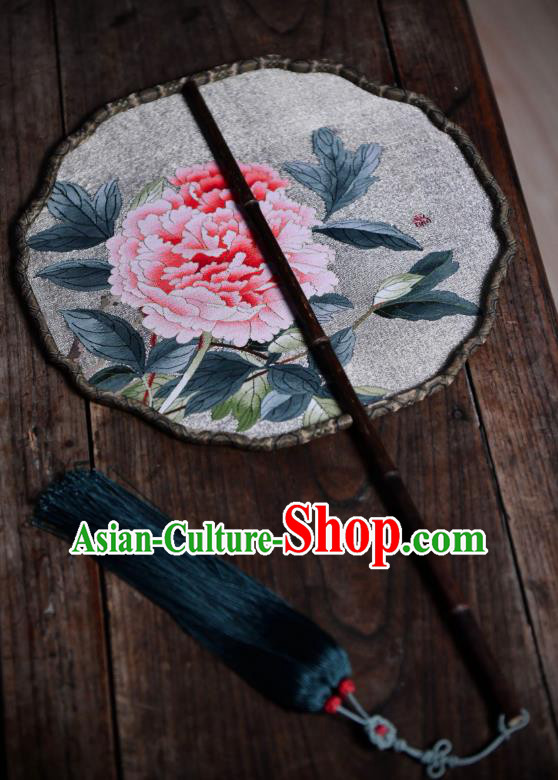 China Traditional White Silk Fan Classical Dace Fan Handmade Peony Painting Palace Fan