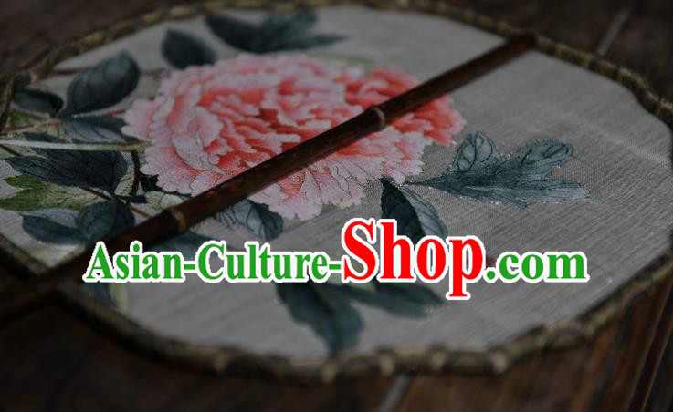 China Traditional White Silk Fan Classical Dace Fan Handmade Peony Painting Palace Fan