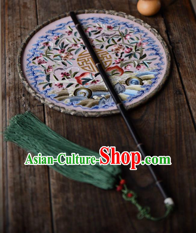 China Embroidered Circular Fan Traditional Silk Fan Handmade Wave Peach Pattern Palace Fan