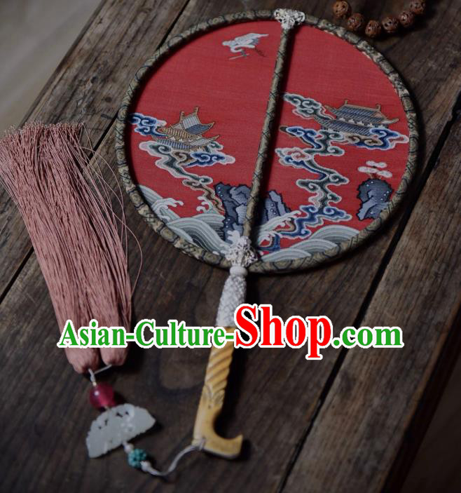 China Red Silk Circular Fan Traditional Qing Dynasty Court Fan Handmade Palace Fan