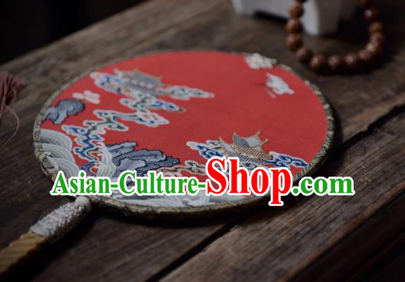 China Red Silk Circular Fan Traditional Qing Dynasty Court Fan Handmade Palace Fan
