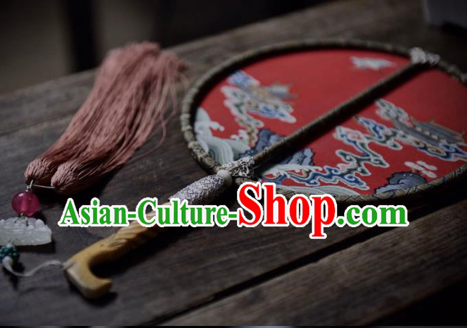 China Red Silk Circular Fan Traditional Qing Dynasty Court Fan Handmade Palace Fan