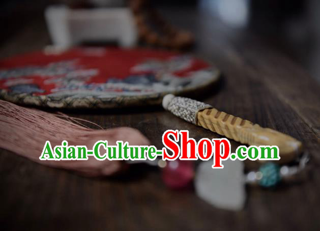China Red Silk Circular Fan Traditional Qing Dynasty Court Fan Handmade Palace Fan