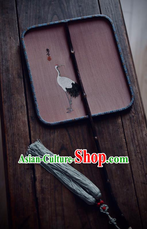 China Handmade Crane Painting Palace Fan Traditional Qing Dynasty Court Fan Pink Silk Square Fan
