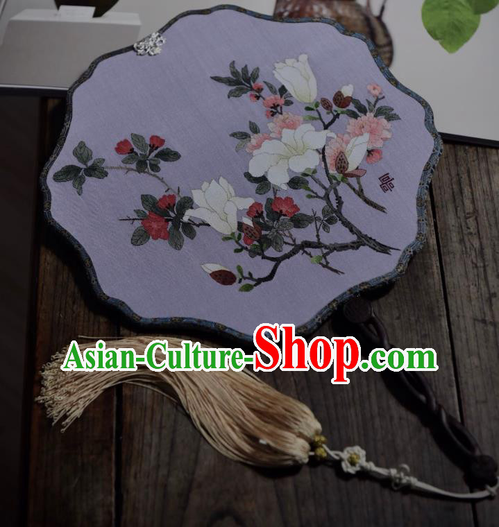 China Handmade Mangnolia Pattern Palace Fan Traditional Ming Dynasty Court Woman Fan Lilac Silk Fan