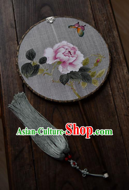 China Silk Fan Handmade Peony Pattern Palace Fan Traditional Ming Dynasty Princess Circular Fan