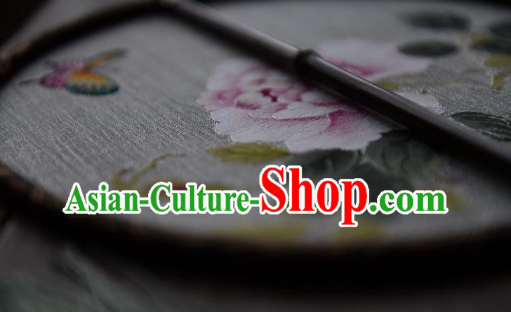 China Silk Fan Handmade Peony Pattern Palace Fan Traditional Ming Dynasty Princess Circular Fan