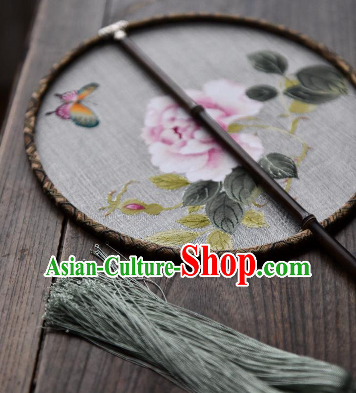 China Silk Fan Handmade Peony Pattern Palace Fan Traditional Ming Dynasty Princess Circular Fan
