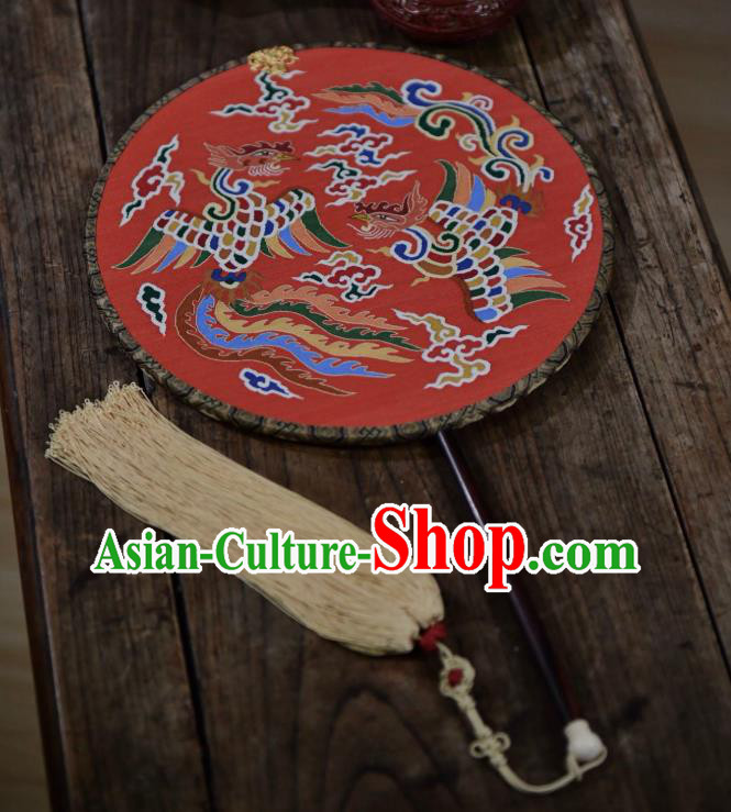 China Ancient Ming Dynasty Princess Wedding Circular Fan Handmade Clouds Phoenix Pattern Palace Fan Traditional Red Silk Fan