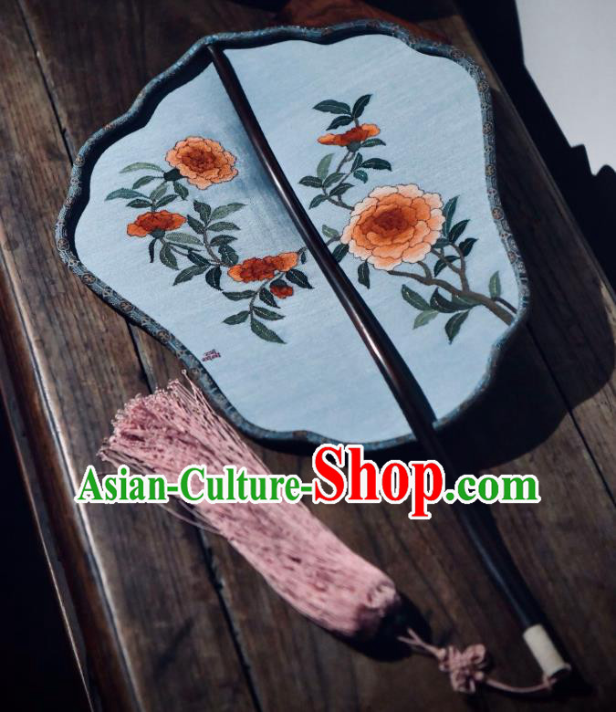 China Ancient Ming Dynasty Court Fan Handmade Pomegranate Pattern Palace Fan Traditional Blue Silk Fan