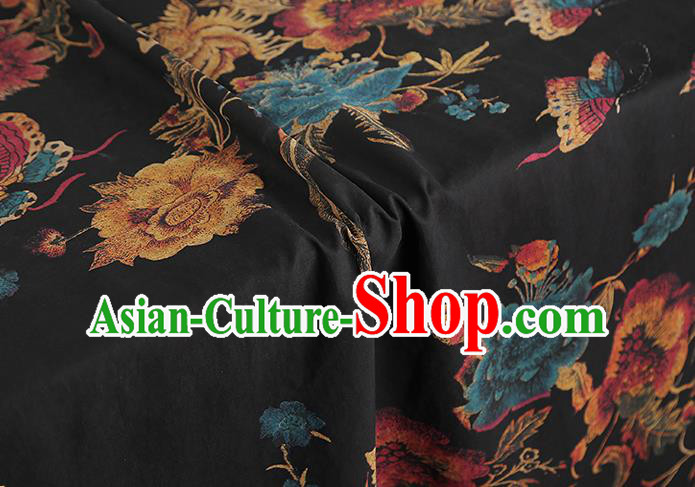 China Classical Qipao Dress Gambiered Guangdong Gauze Traditional Peony Pattern Black Silk Fabric