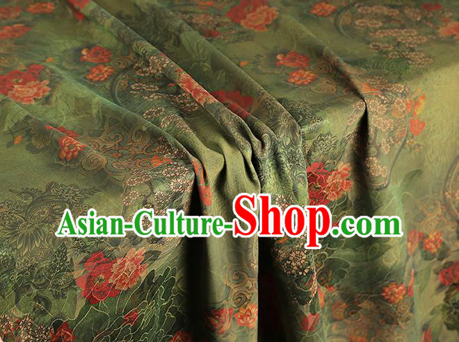 China Classical Cheongsam Gambiered Guangdong Gauze Drapery Traditional Peony Pattern Green Silk Fabric