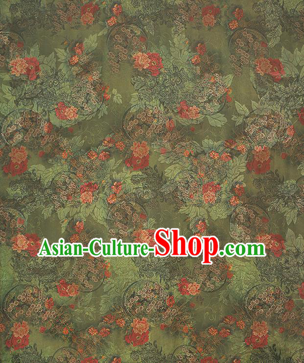 China Classical Cheongsam Gambiered Guangdong Gauze Drapery Traditional Peony Pattern Green Silk Fabric