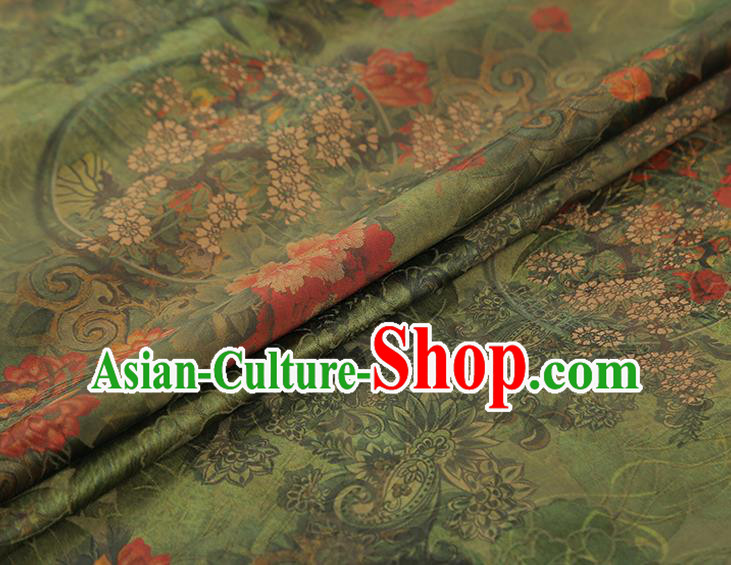 China Classical Cheongsam Gambiered Guangdong Gauze Drapery Traditional Peony Pattern Green Silk Fabric