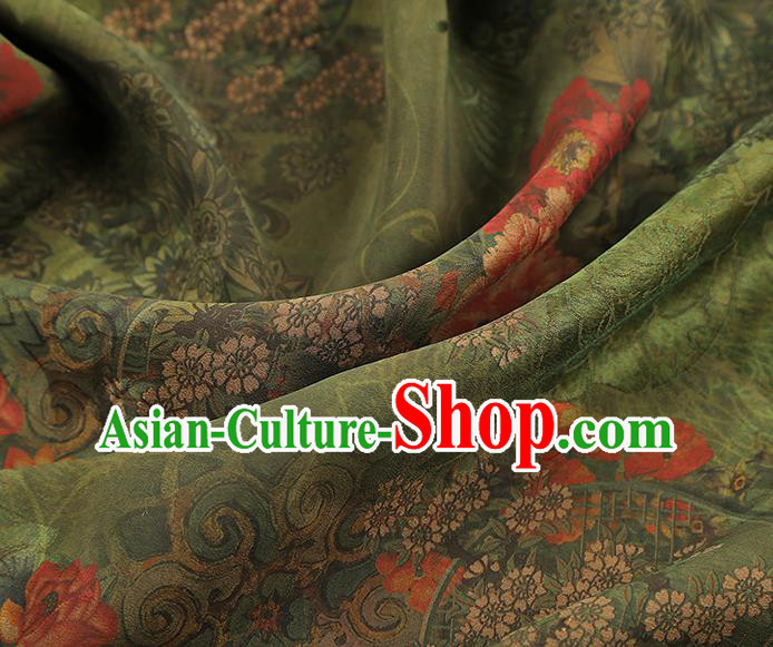 China Classical Cheongsam Gambiered Guangdong Gauze Drapery Traditional Peony Pattern Green Silk Fabric