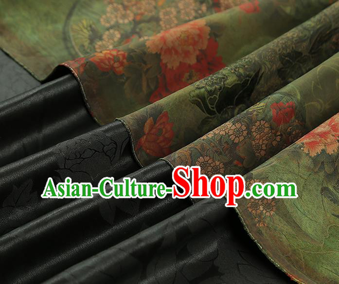 China Classical Cheongsam Gambiered Guangdong Gauze Drapery Traditional Peony Pattern Green Silk Fabric