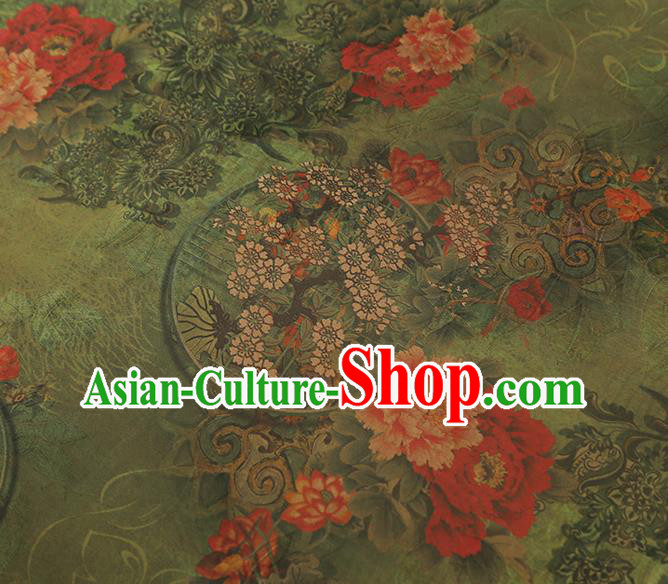 China Classical Cheongsam Gambiered Guangdong Gauze Drapery Traditional Peony Pattern Green Silk Fabric