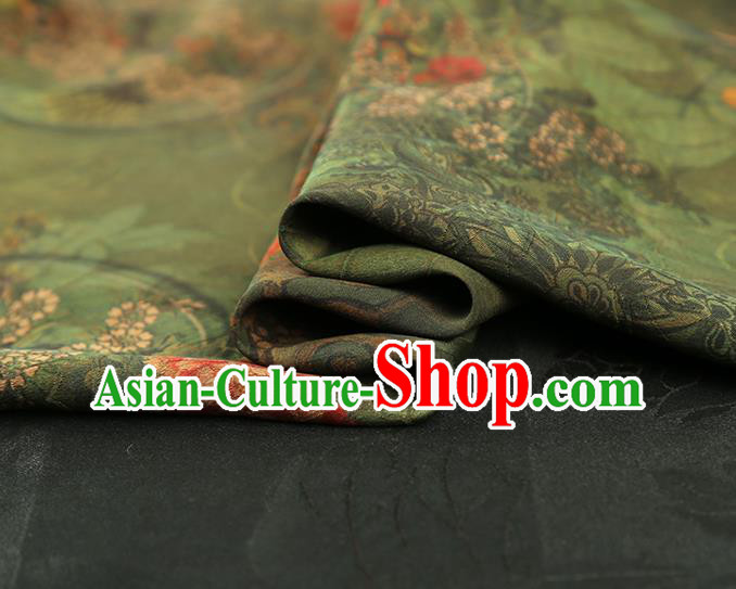 China Classical Cheongsam Gambiered Guangdong Gauze Drapery Traditional Peony Pattern Green Silk Fabric