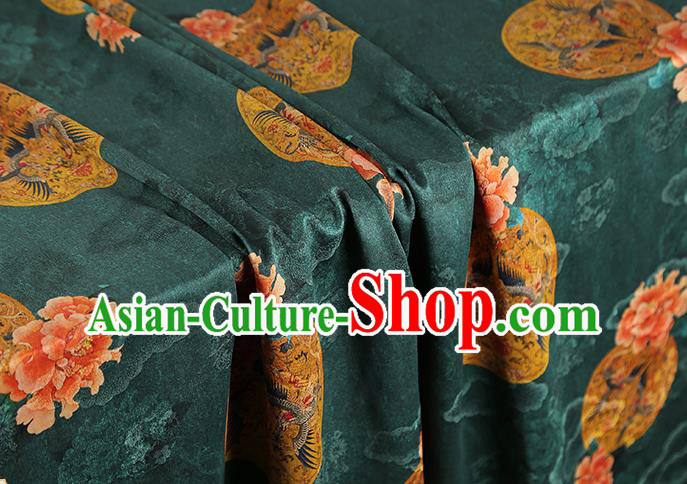 China Classical Gambiered Guangdong Gauze Drapery Traditional Cheongsam Peony Pattern Deep Green Silk Fabric