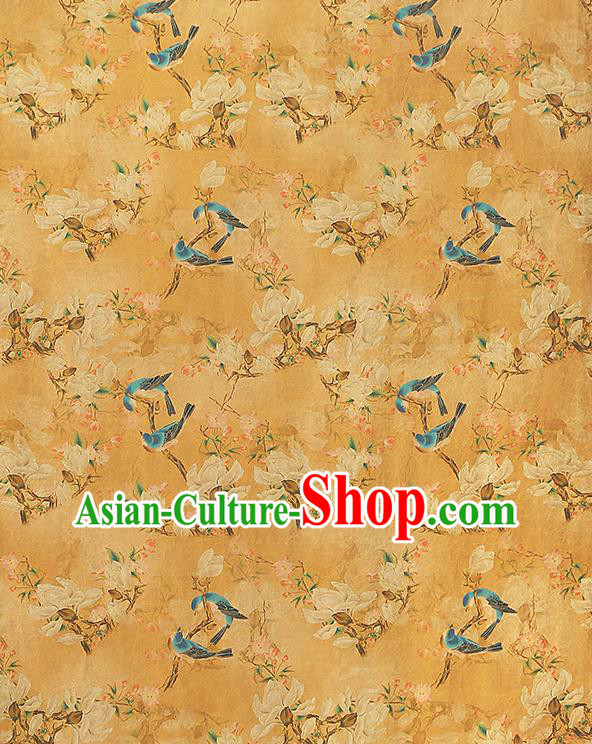 China Traditional Mangnolia Birds Pattern Gambiered Guangdong Gauze Classical Cheongsam Yellow Silk Fabric
