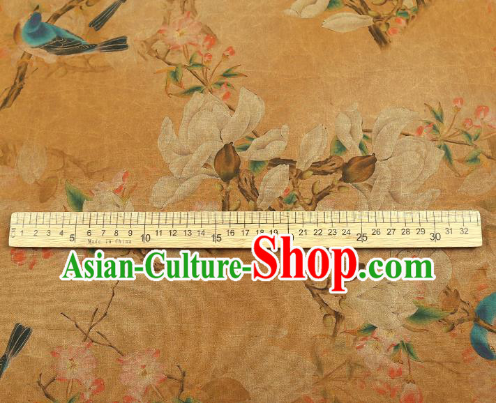 China Traditional Mangnolia Birds Pattern Gambiered Guangdong Gauze Classical Cheongsam Yellow Silk Fabric