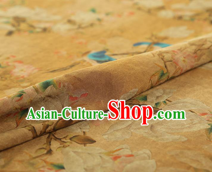 China Traditional Mangnolia Birds Pattern Gambiered Guangdong Gauze Classical Cheongsam Yellow Silk Fabric