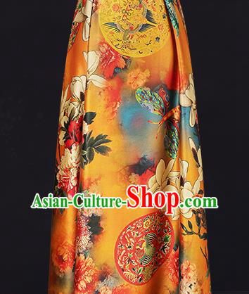 China Classical Cheongsam Orange Silk Fabric Gambiered Guangdong Gauze Traditional Mangnolia Pattern Brocade