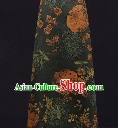 China Traditional Atrovirens Gambiered Guangdong Gauze Drapery Classical Plum Fan Pattern Cheongsam Silk Fabric