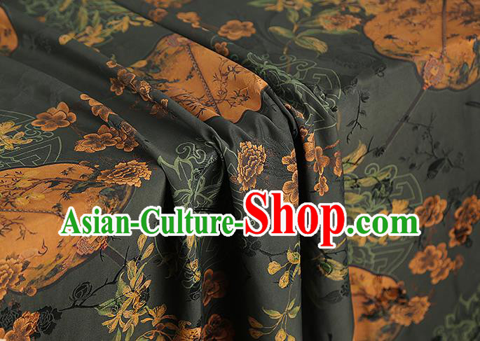 China Traditional Atrovirens Gambiered Guangdong Gauze Drapery Classical Plum Fan Pattern Cheongsam Silk Fabric