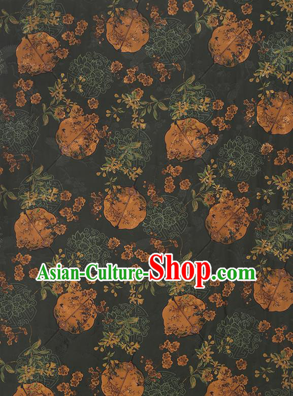 China Traditional Atrovirens Gambiered Guangdong Gauze Drapery Classical Plum Fan Pattern Cheongsam Silk Fabric