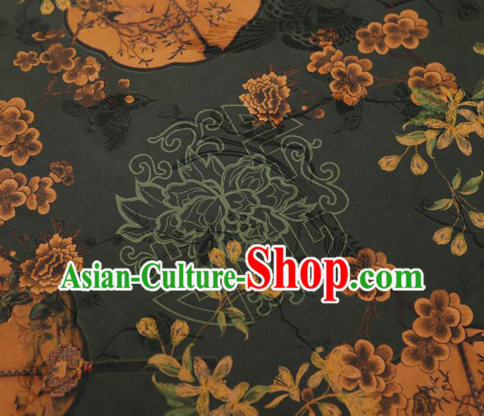 China Traditional Atrovirens Gambiered Guangdong Gauze Drapery Classical Plum Fan Pattern Cheongsam Silk Fabric