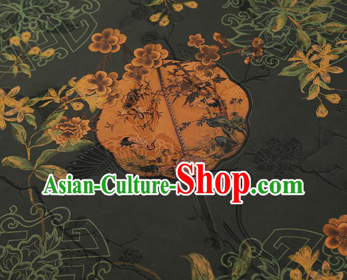 China Traditional Atrovirens Gambiered Guangdong Gauze Drapery Classical Plum Fan Pattern Cheongsam Silk Fabric