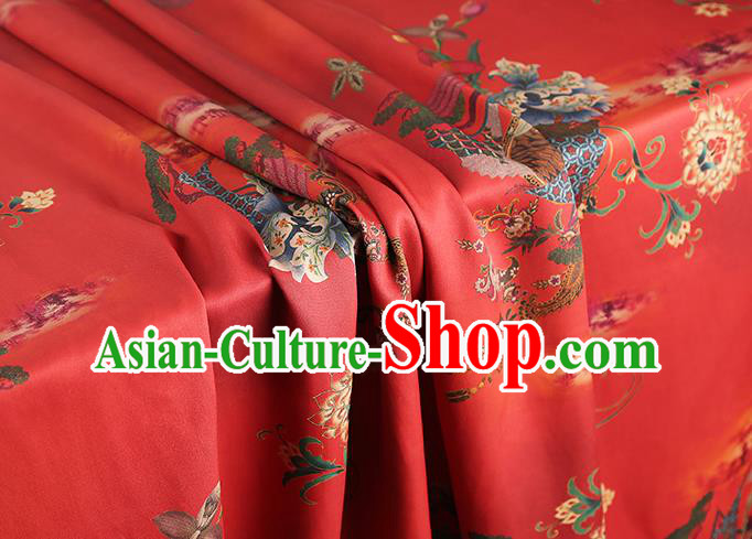 China Gambiered Guangdong Gauze Traditional Red Brocade Classical Flowers Pattern Wedding Dress Silk Fabric