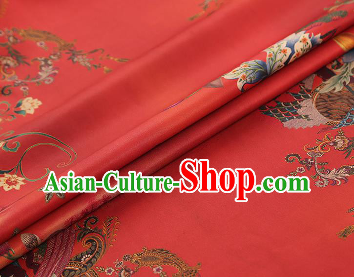 China Gambiered Guangdong Gauze Traditional Red Brocade Classical Flowers Pattern Wedding Dress Silk Fabric