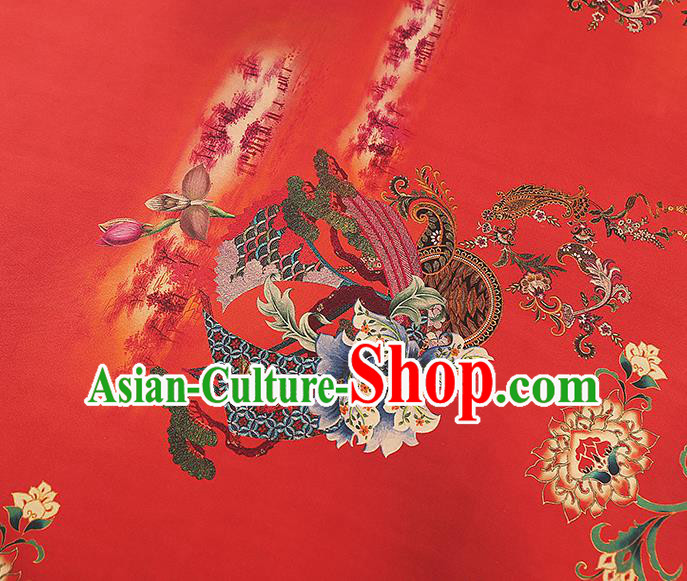 China Gambiered Guangdong Gauze Traditional Red Brocade Classical Flowers Pattern Wedding Dress Silk Fabric