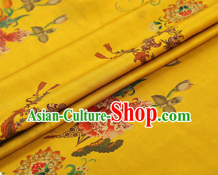 China Traditional Yellow Brocade Classical Flowers Pattern Wedding Dress Silk Fabric Gambiered Guangdong Gauze