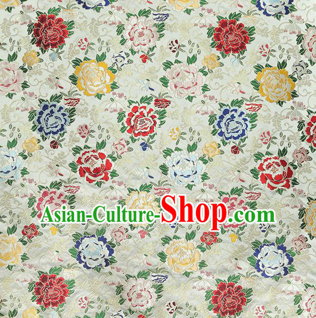 China Traditional Cheongsam White Nanjing Brocade Classical Peony Pattern Silk Fabric