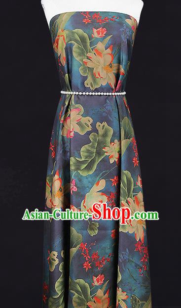 China Classical Lotus Pattern Silk Fabric Traditional Cheongsam Navy Gambiered Guangdong Gauze