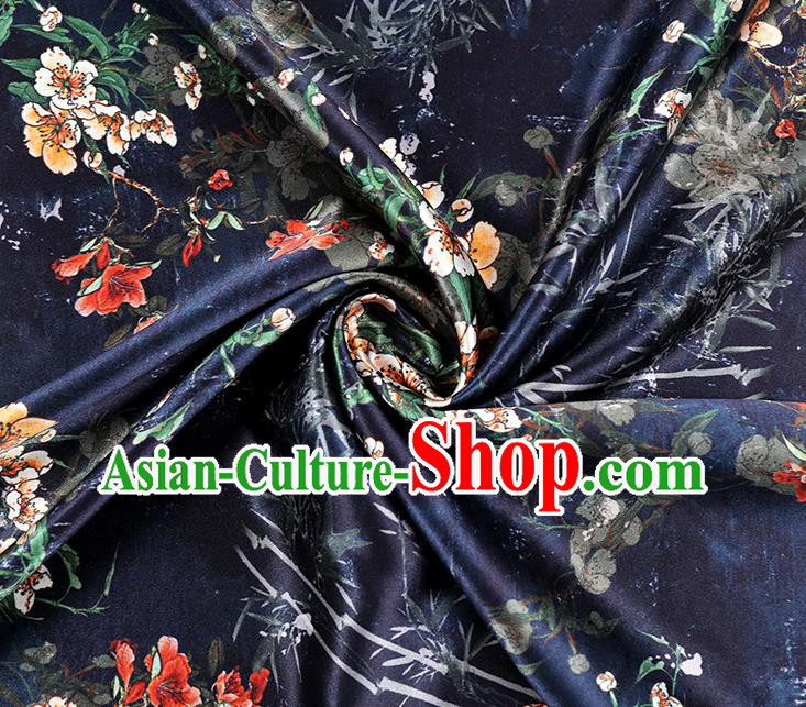 China Classical Cheongsam Printing Pear Blossom Silk Fabric Traditional Qipao Dress Navy Brocade Drapery