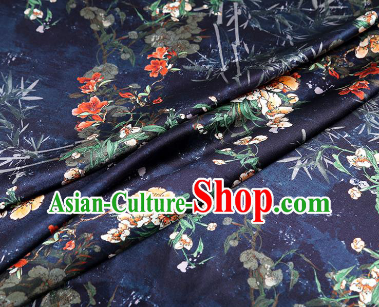 China Classical Cheongsam Printing Pear Blossom Silk Fabric Traditional Qipao Dress Navy Brocade Drapery