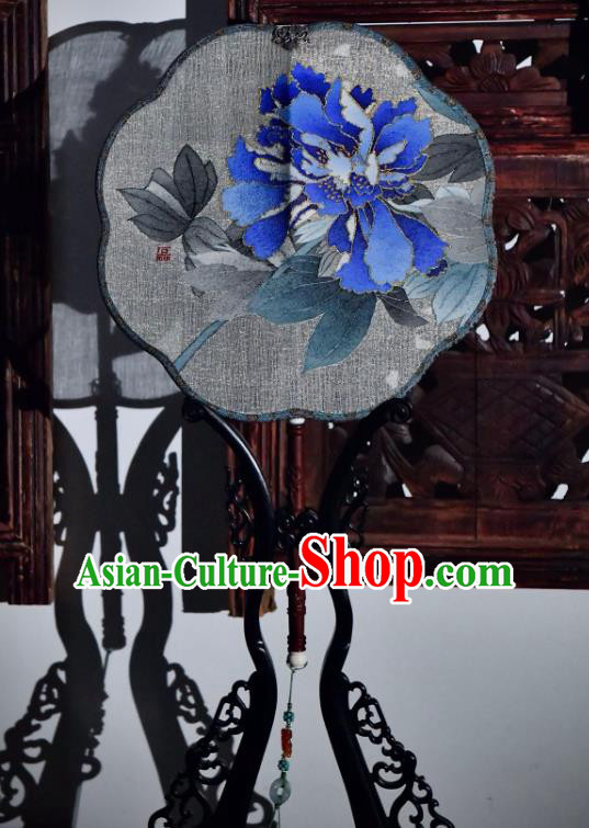 China Traditional Silk Fan Ancient Song Dynasty Court Fan Handmade Blue Peony Pattern Palace Fan