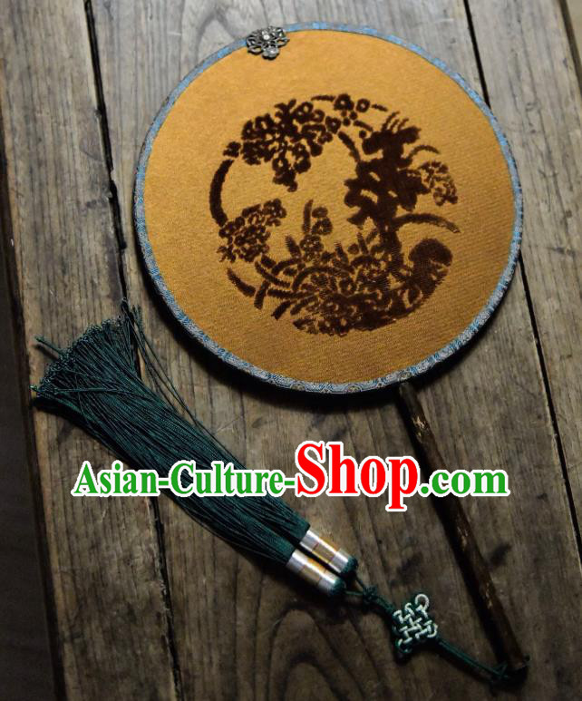 China Traditional Ginger Silk Fan Handmade Palace Fan Ancient Ming Dynasty Court Lady Circular Fan
