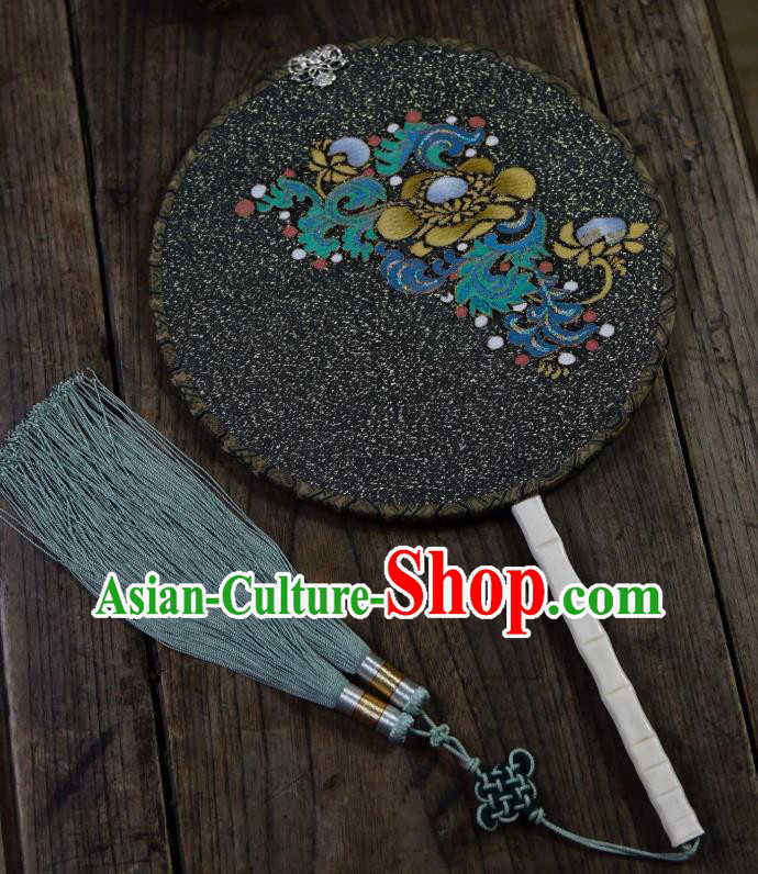 China Handmade Palace Fan Ancient Ming Dynasty Court Lady Circular Fan Traditional Black Silk Fan