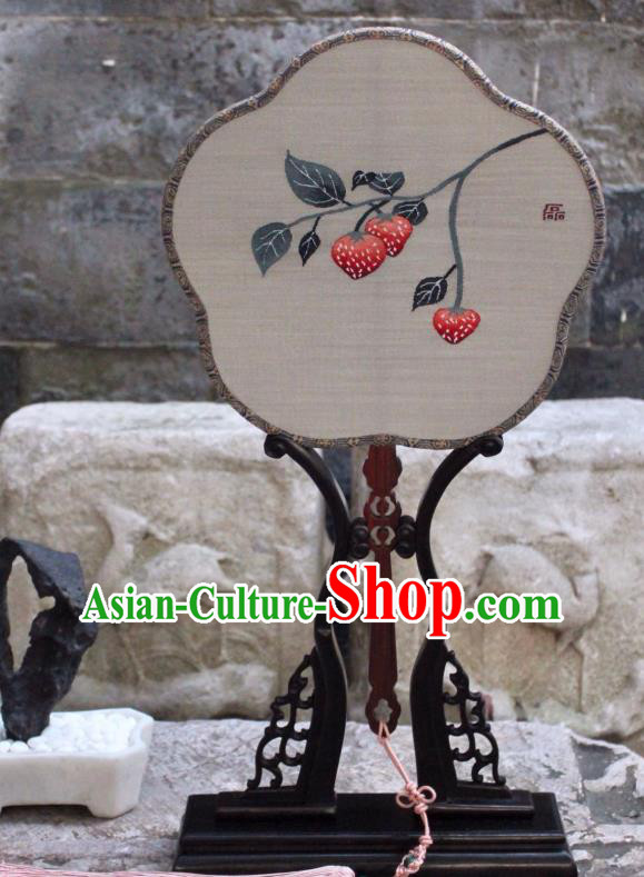 China Ancient Song Dynasty Plum Fan Traditional Grey Silk Fan Handmade Strawberry Pattern Palace Fan