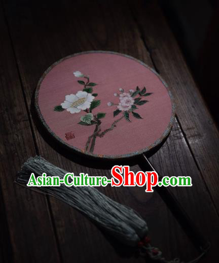 China Ancient Ming Dynasty Circular Fan Traditional Pink Silk Fan Handmade Flowers Pattern Palace Fan