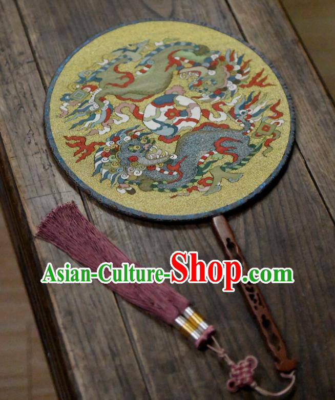 China Handmade Double Lions Pattern Palace Fan Traditional Yellow Silk Fan Ancient Ming Dynasty Court Circular Fan