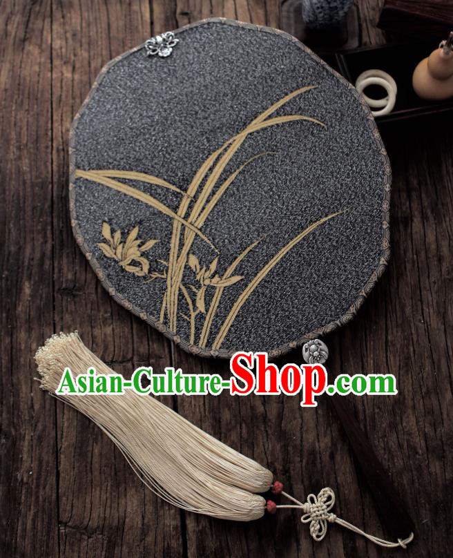 China Handmade Golden Orchids Pattern Palace Fan Ancient Princess Court Fan Traditional Black Silk Fan
